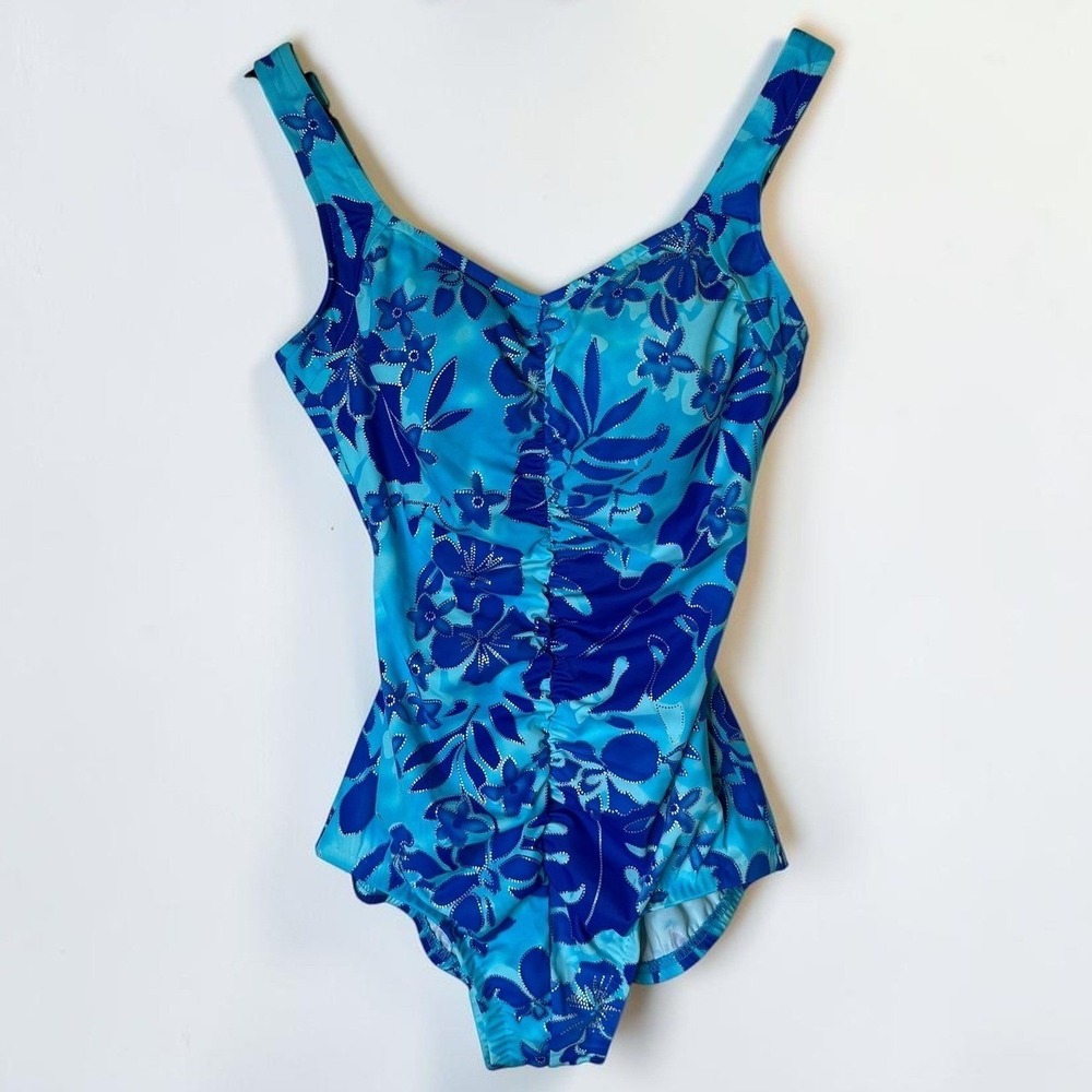 Maxine of Hollywood Vintage One Piece Swimsuit Floral Tricot Shirred Girl Leg 12